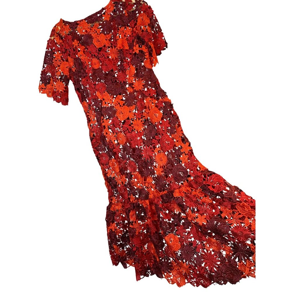 Eva Franco Anthro Red Orange Lace Crochet Sheer Floral Dress Size S RX10444 NWD